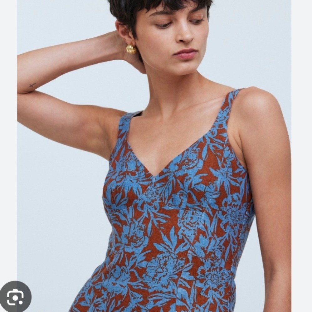 NWT Madewell Sweetheart Mini Dress Blue Rust Floral Linen Womens 0